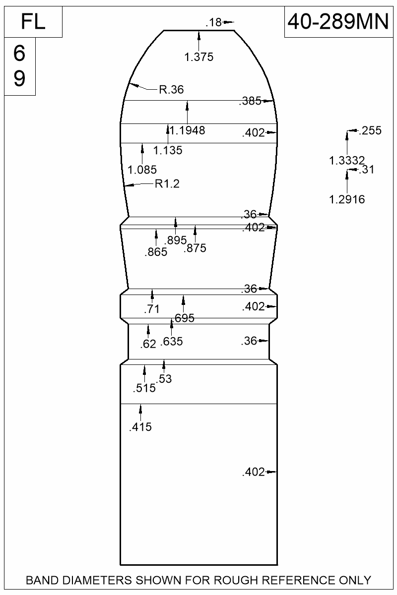 Dimensioned view of bullet 40-289MN