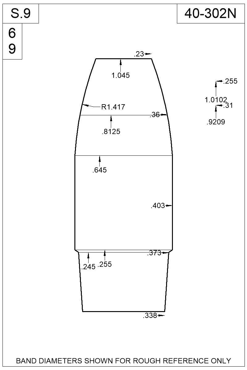 Dimensioned view of bullet 40-302N