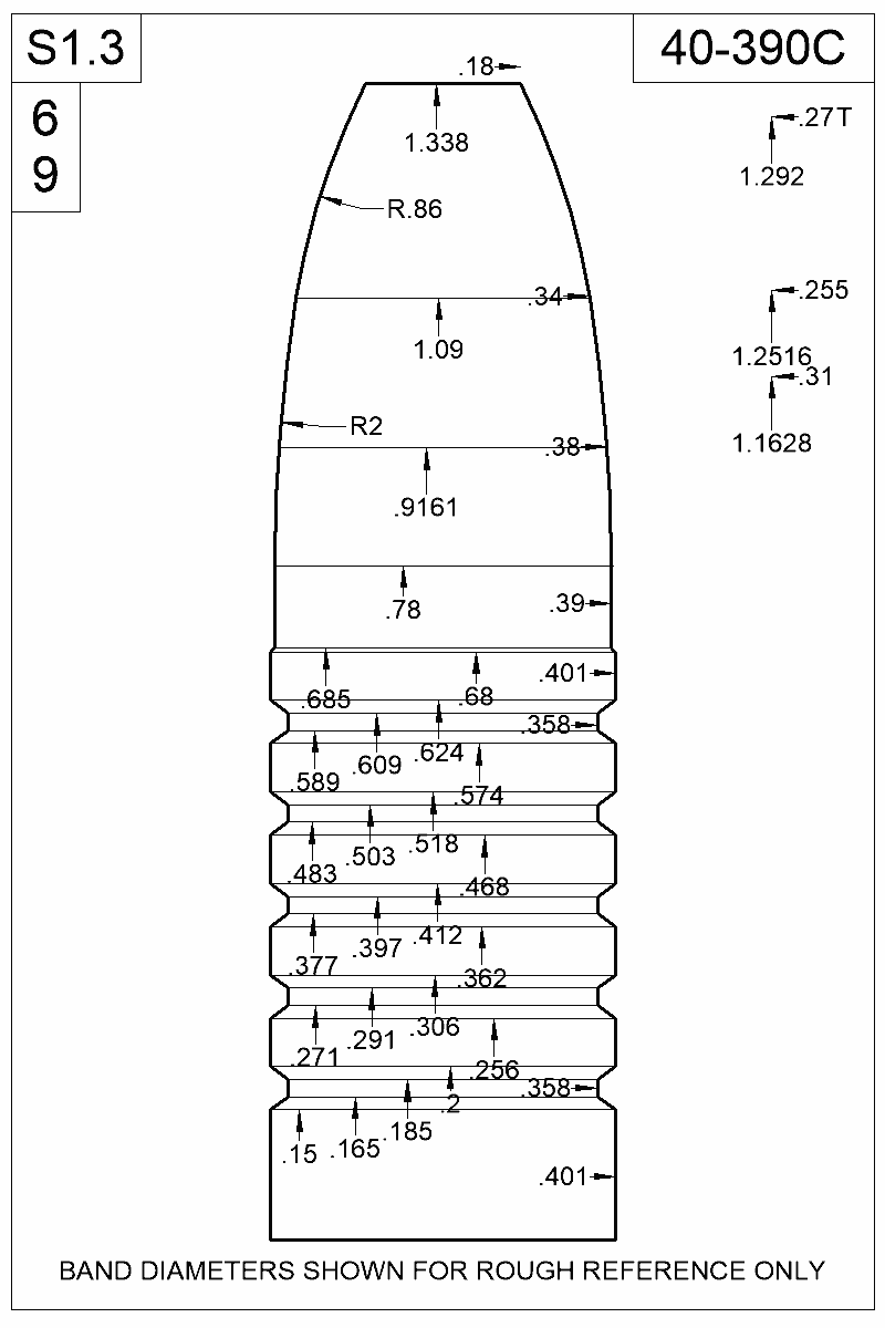 Dimensioned view of bullet 40-390C