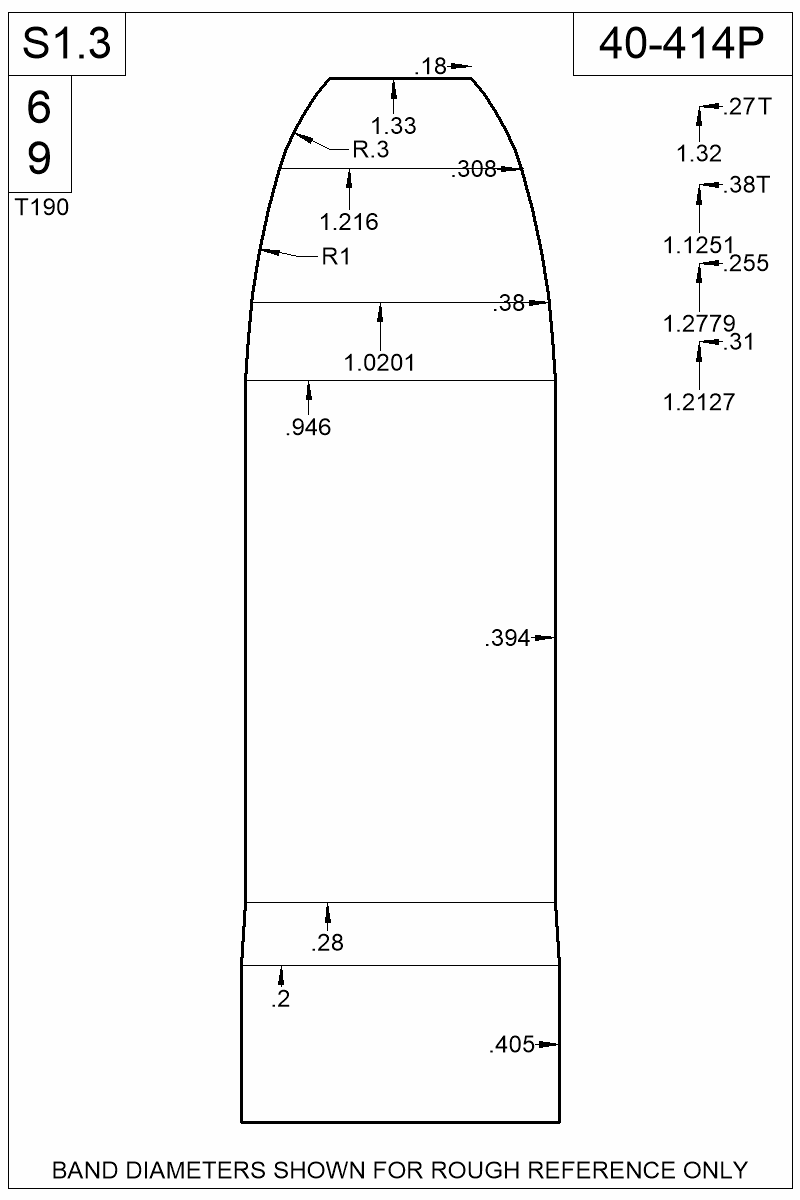 Dimensioned view of bullet 40-414P