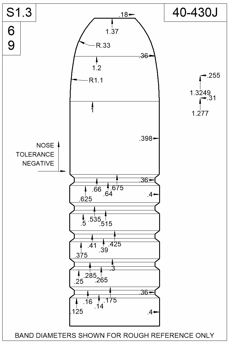 Dimensioned view of bullet 40-430J