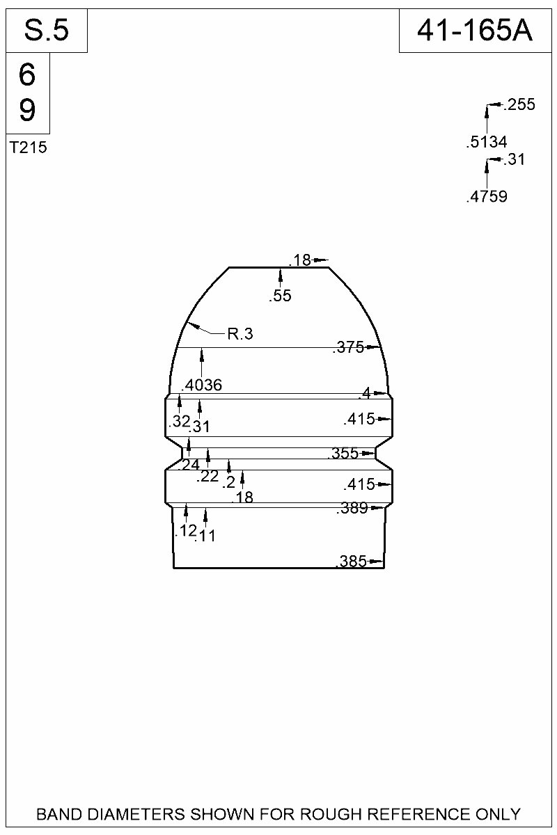 Dimensioned view of bullet 41-165A
