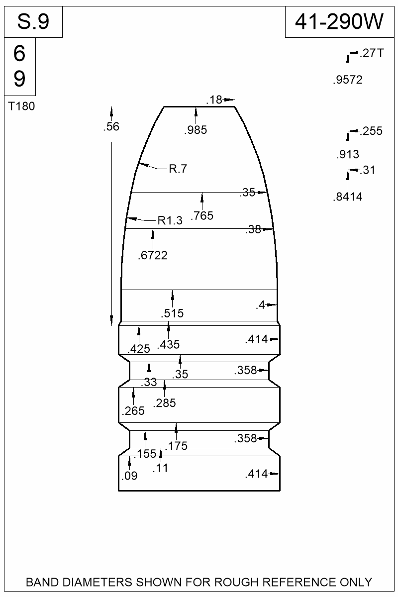 Dimensioned view of bullet 41-290W