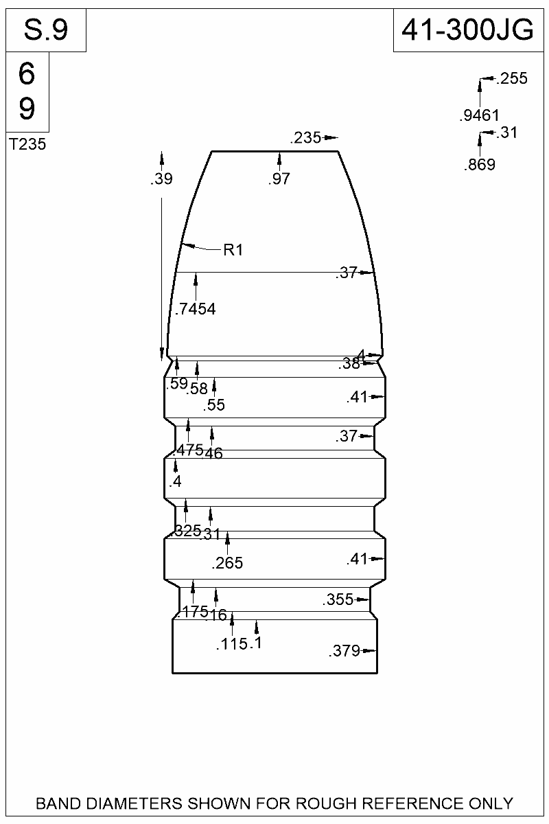 Dimensioned view of bullet 41-300JG
