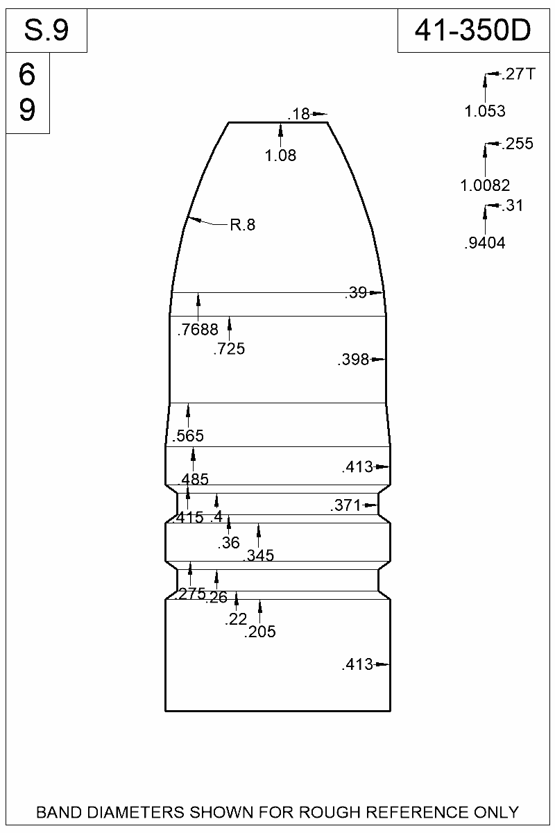 Dimensioned view of bullet 41-350D
