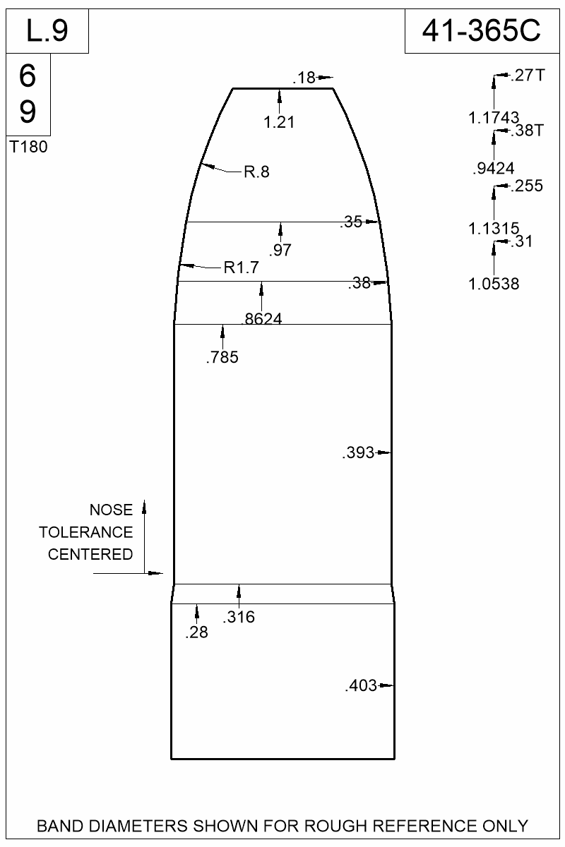 Dimensioned view of bullet 41-365C