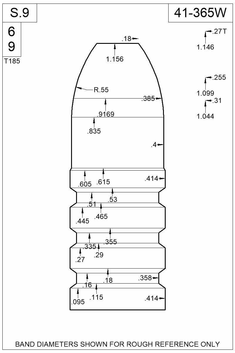 Dimensioned view of bullet 41-365W