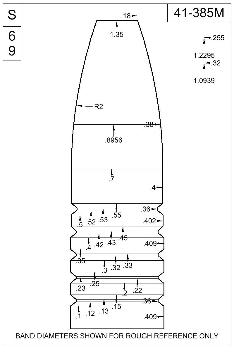 Dimensioned view of bullet 41-385M
