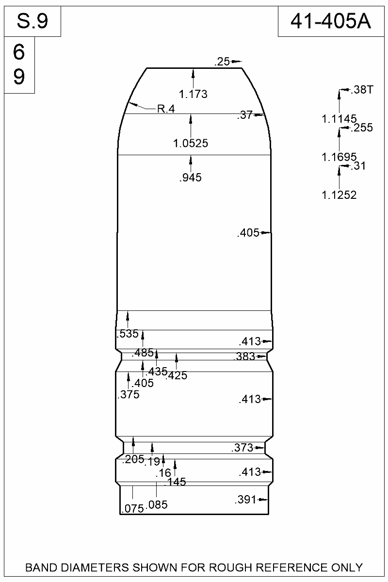 Dimensioned view of bullet 41-405A