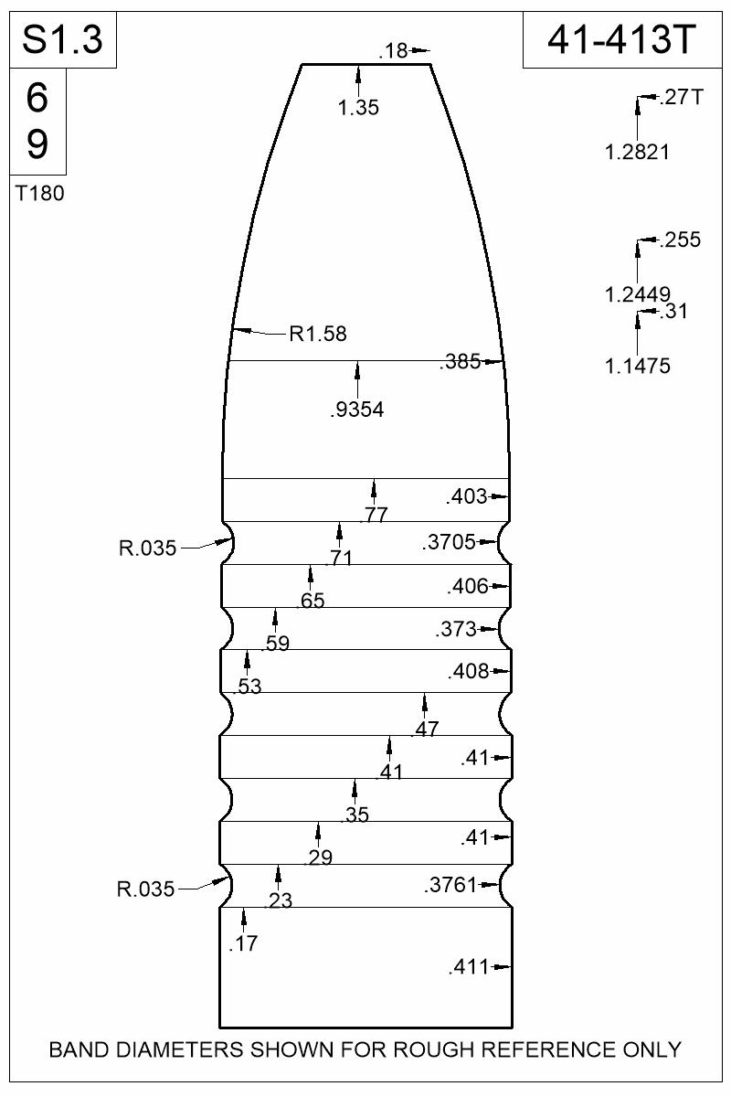 Dimensioned view of bullet 41-413T