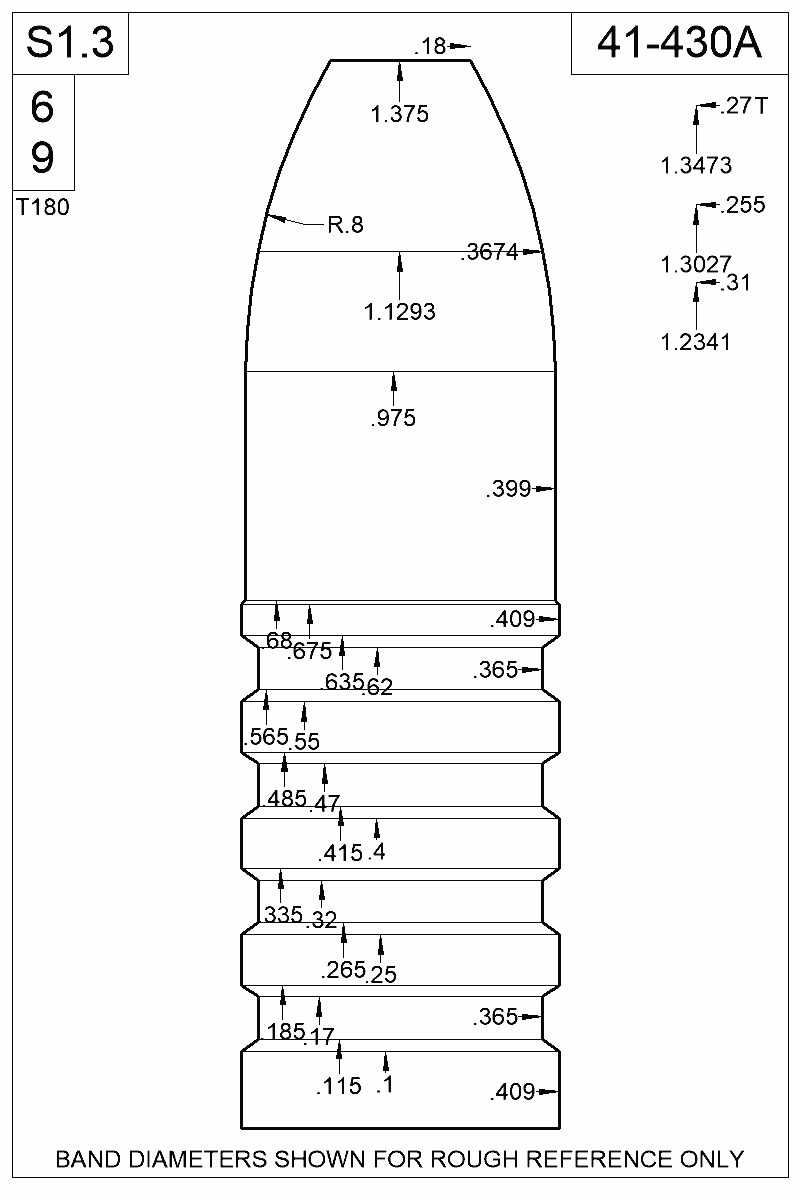 Dimensioned view of bullet 41-430A