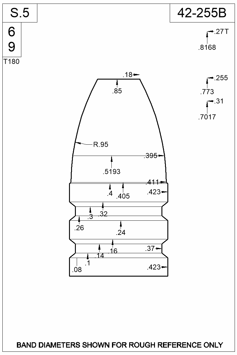 Dimensioned view of bullet 42-255B