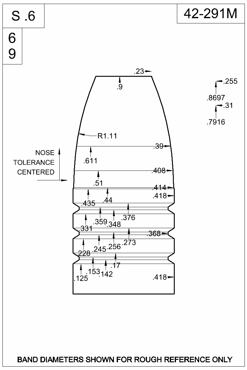Dimensioned view of bullet 42-291M