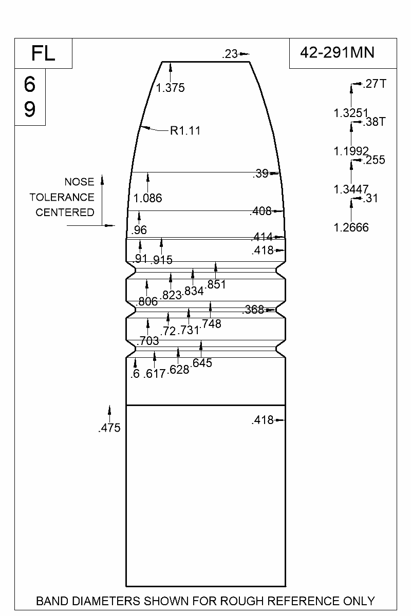 Dimensioned view of bullet 42-291MN