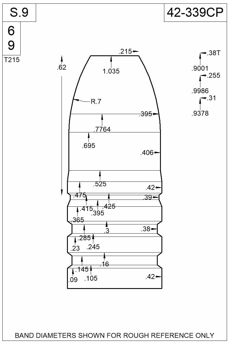Dimensioned view of bullet 42-339CP