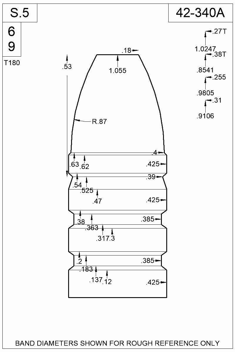Dimensioned view of bullet 42-340A