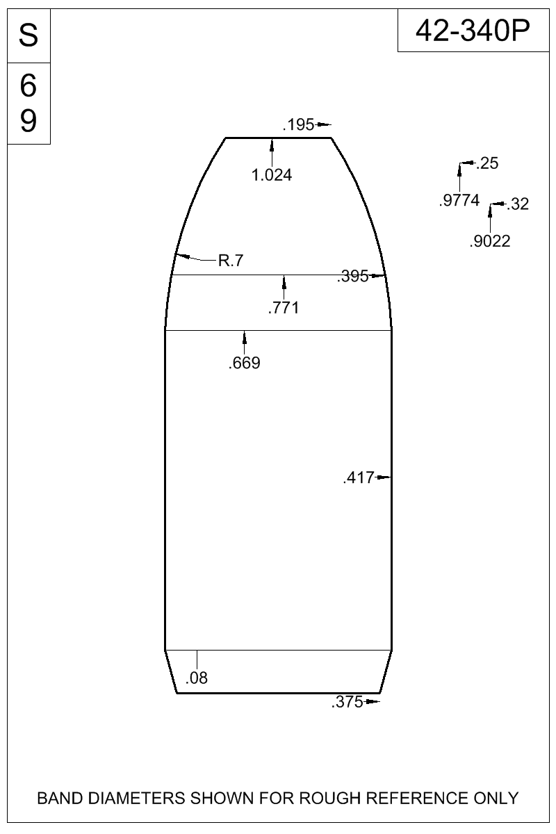 Dimensioned view of bullet 42-340P