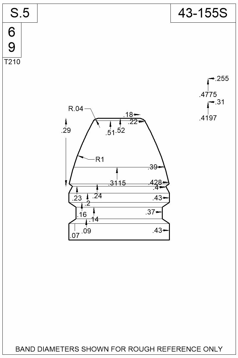 Dimensioned view of bullet 43-155S