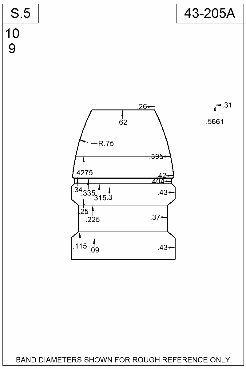 Dimensioned view of bullet 43-205A