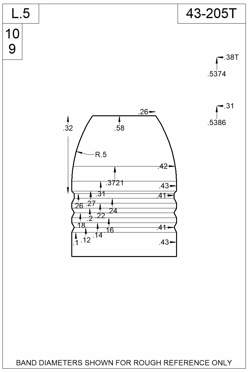 Dimensioned view of bullet 43-205T