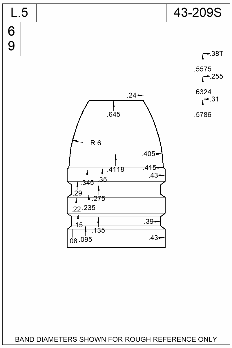Dimensioned view of bullet 43-209S