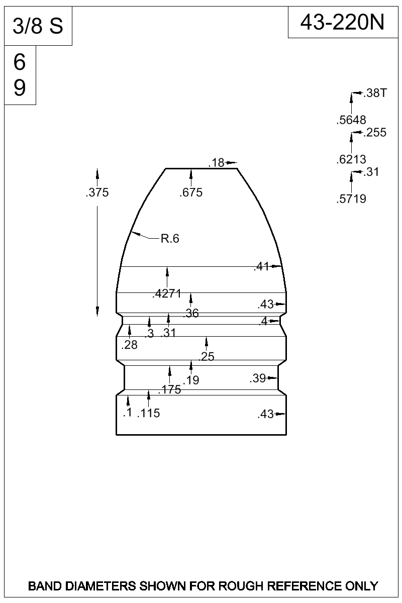 Dimensioned view of bullet 43-220N