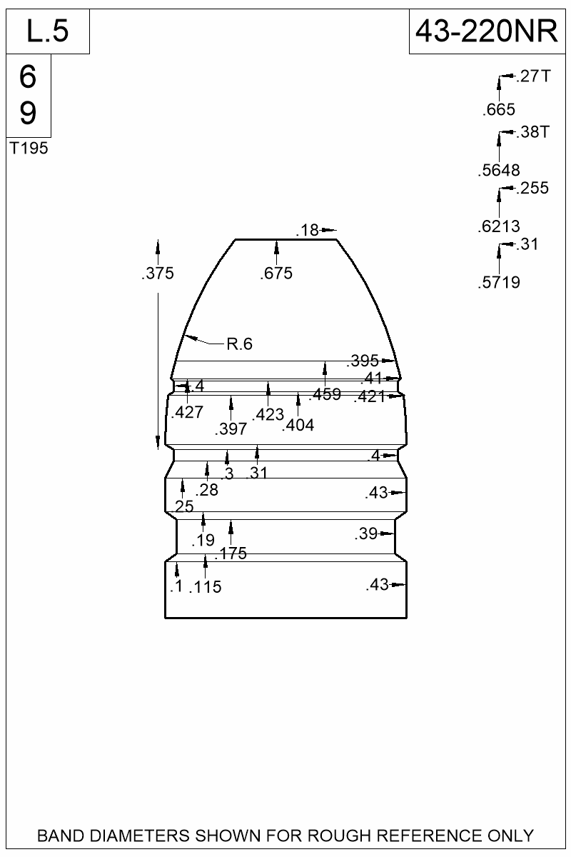 Dimensioned view of bullet 43-220NR
