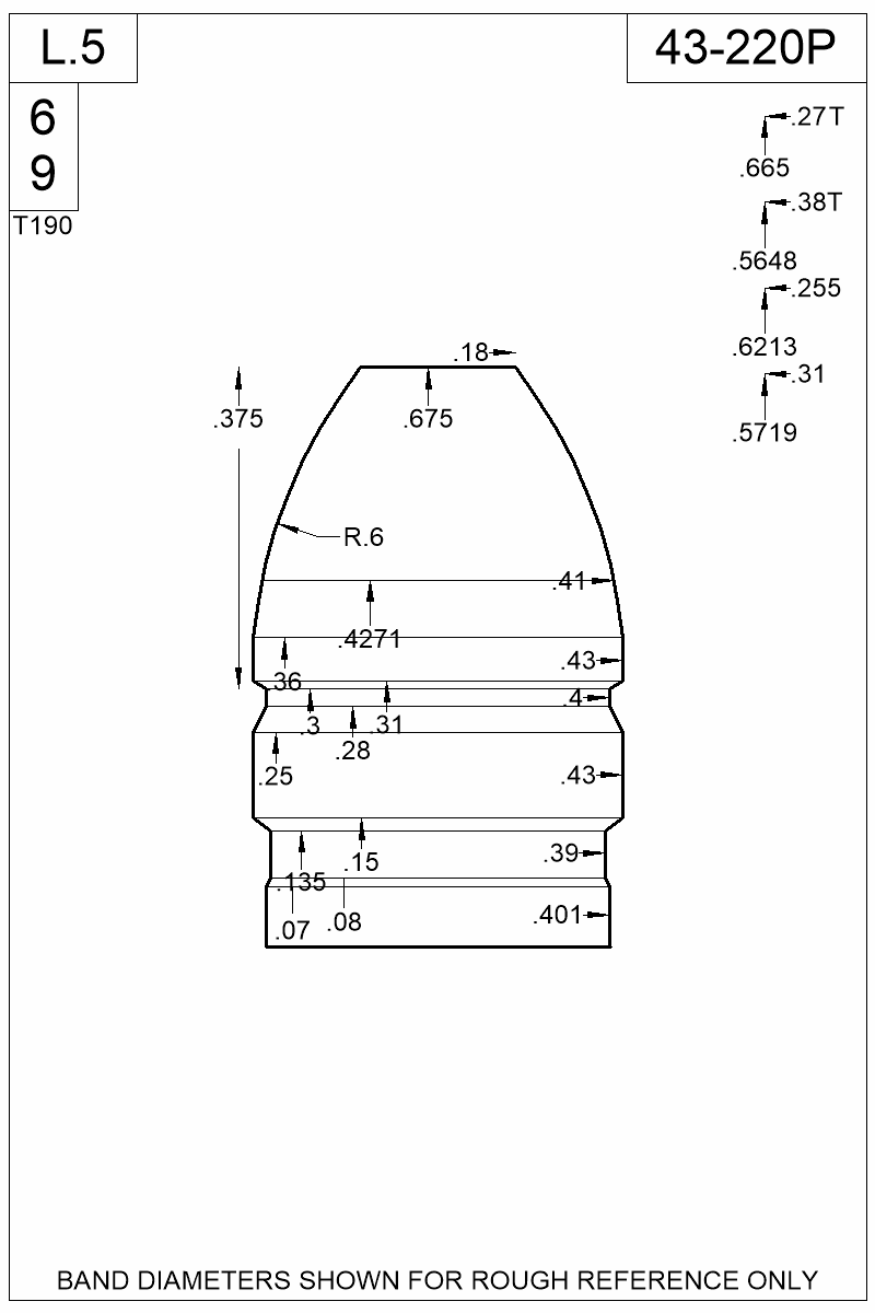 Dimensioned view of bullet 43-220P