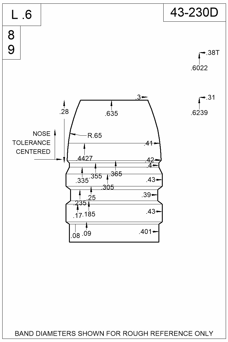 Dimensioned view of bullet 43-230D
