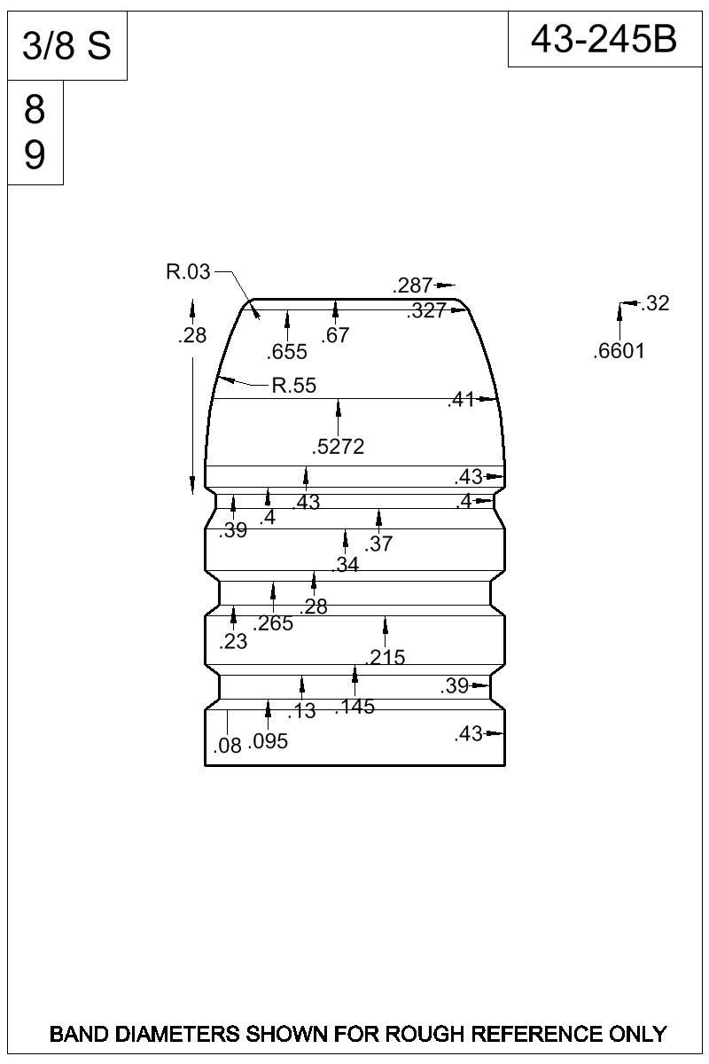 Dimensioned view of bullet 43-245B