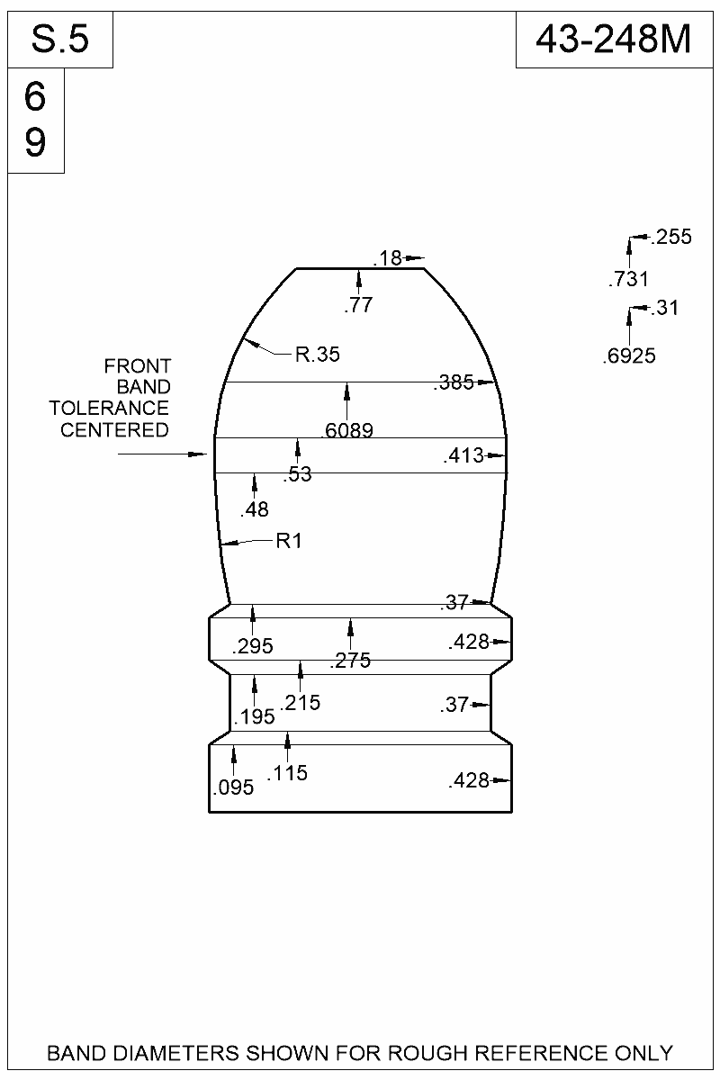 Dimensioned view of bullet 43-248M