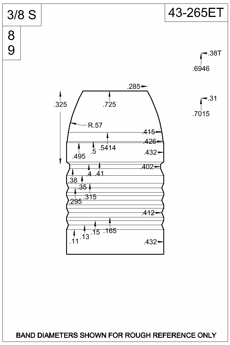 Dimensioned view of bullet 43-265ET
