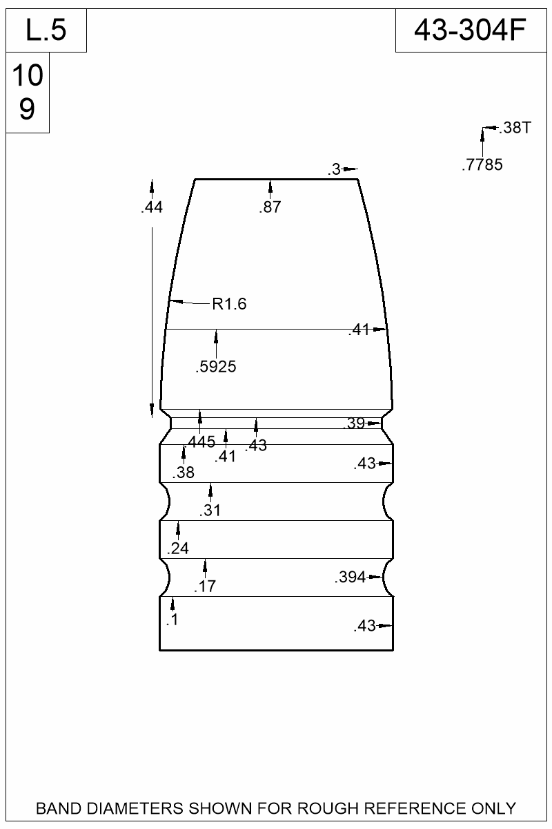 Dimensioned view of bullet 43-304F