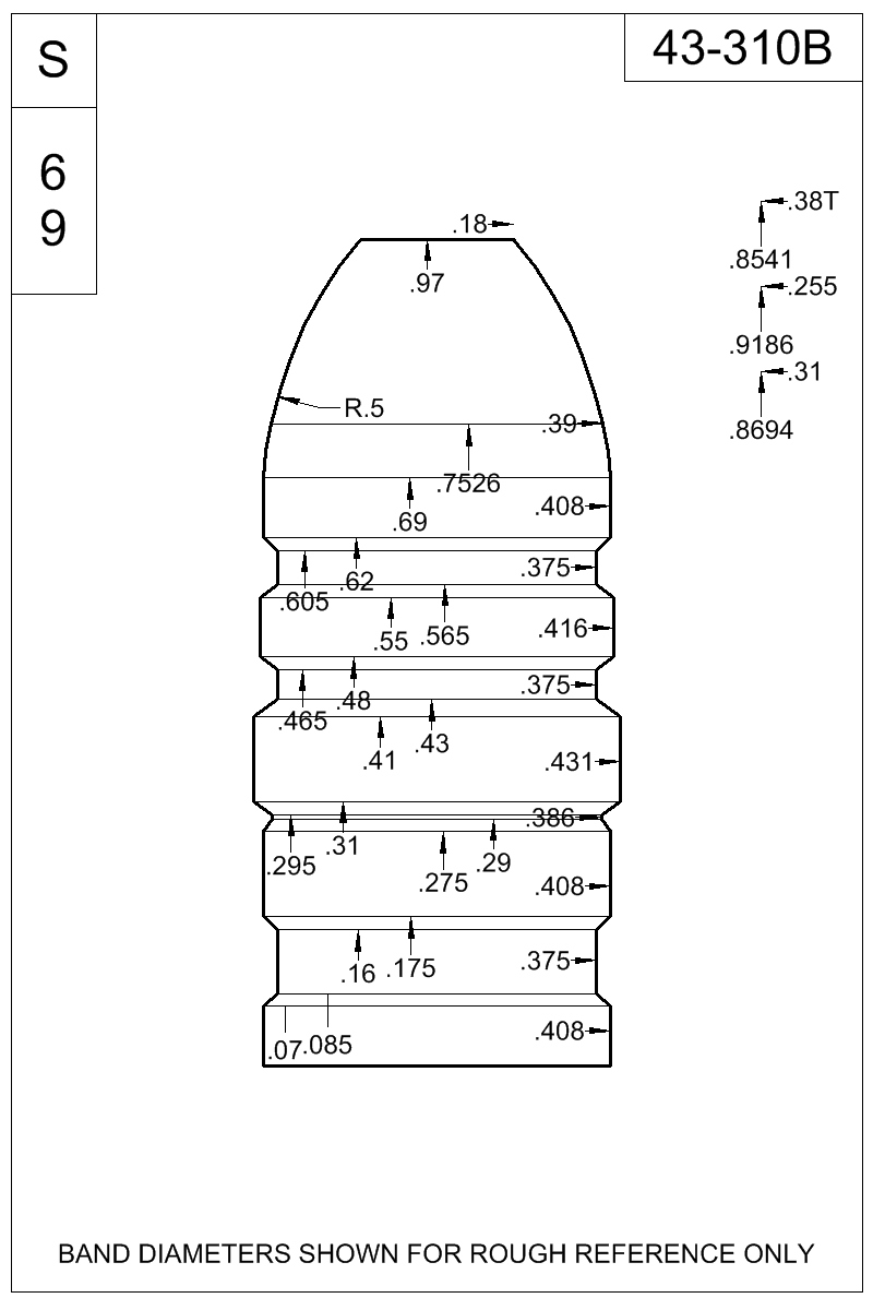 Dimensioned view of bullet 43-310B