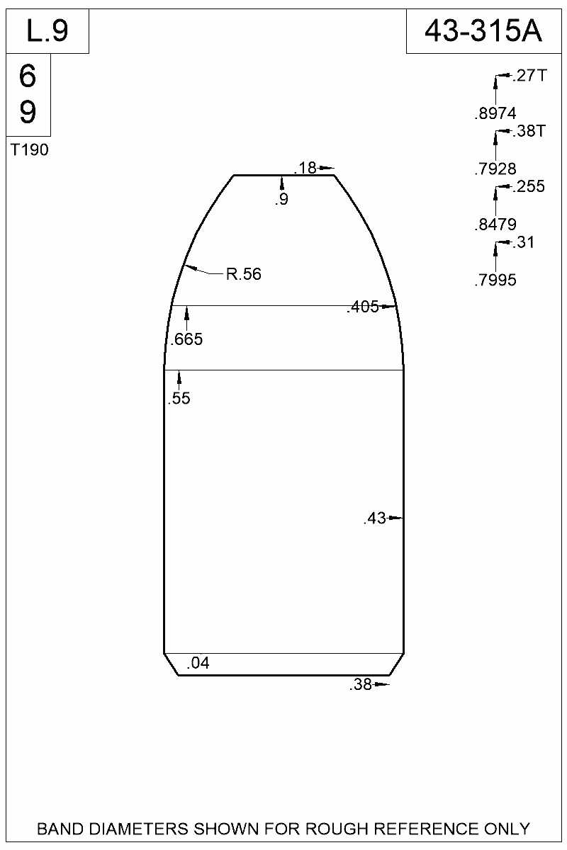 Dimensioned view of bullet 43-315A