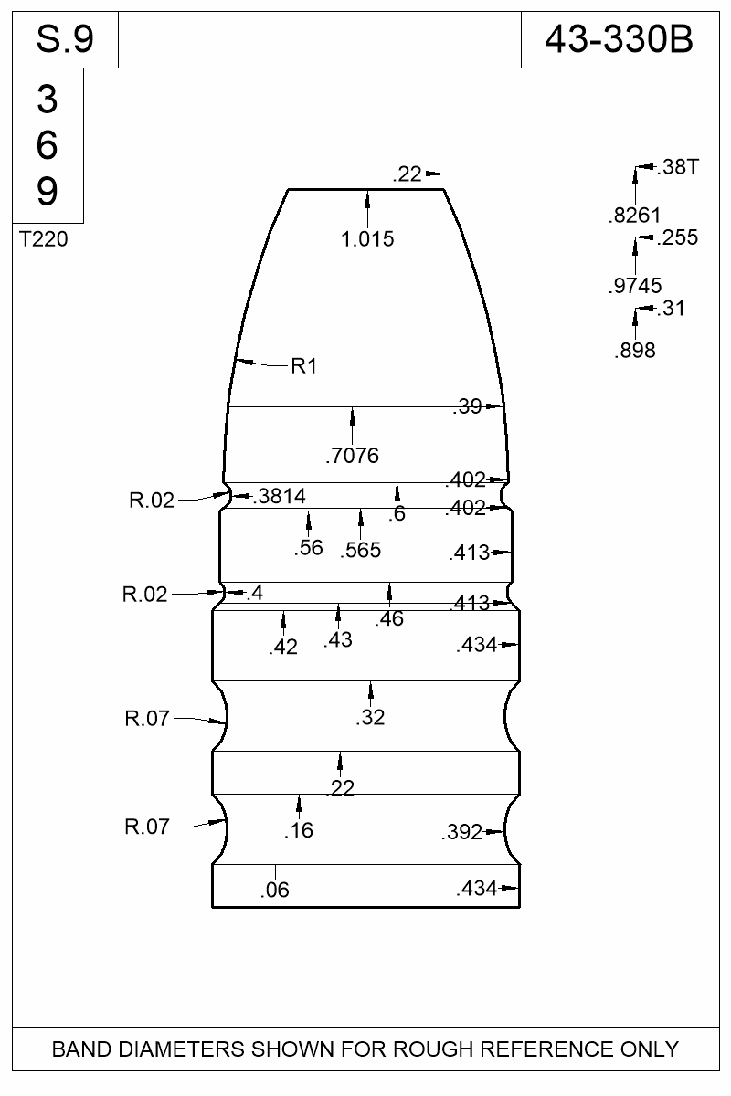 Dimensioned view of bullet 43-330B