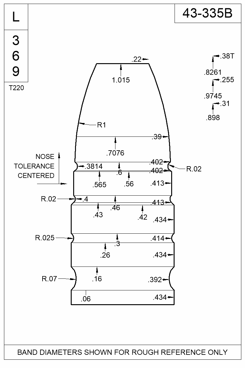 Dimensioned view of bullet 43-335B