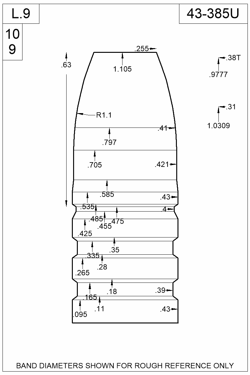 Dimensioned view of bullet 43-385U