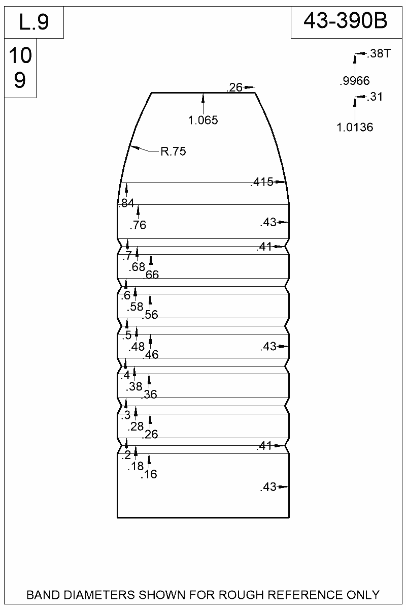 Dimensioned view of bullet 43-390B