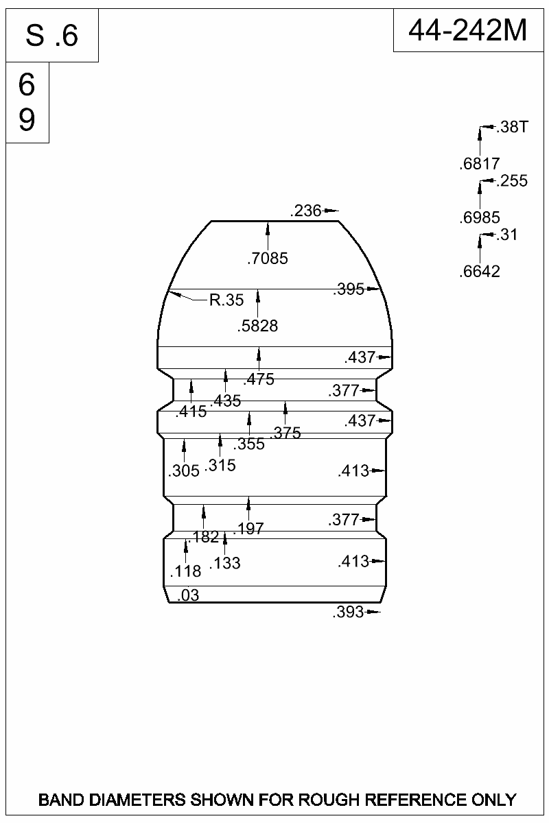 Dimensioned view of bullet 44-242M