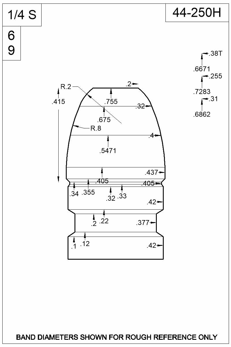 Dimensioned view of bullet 44-250H