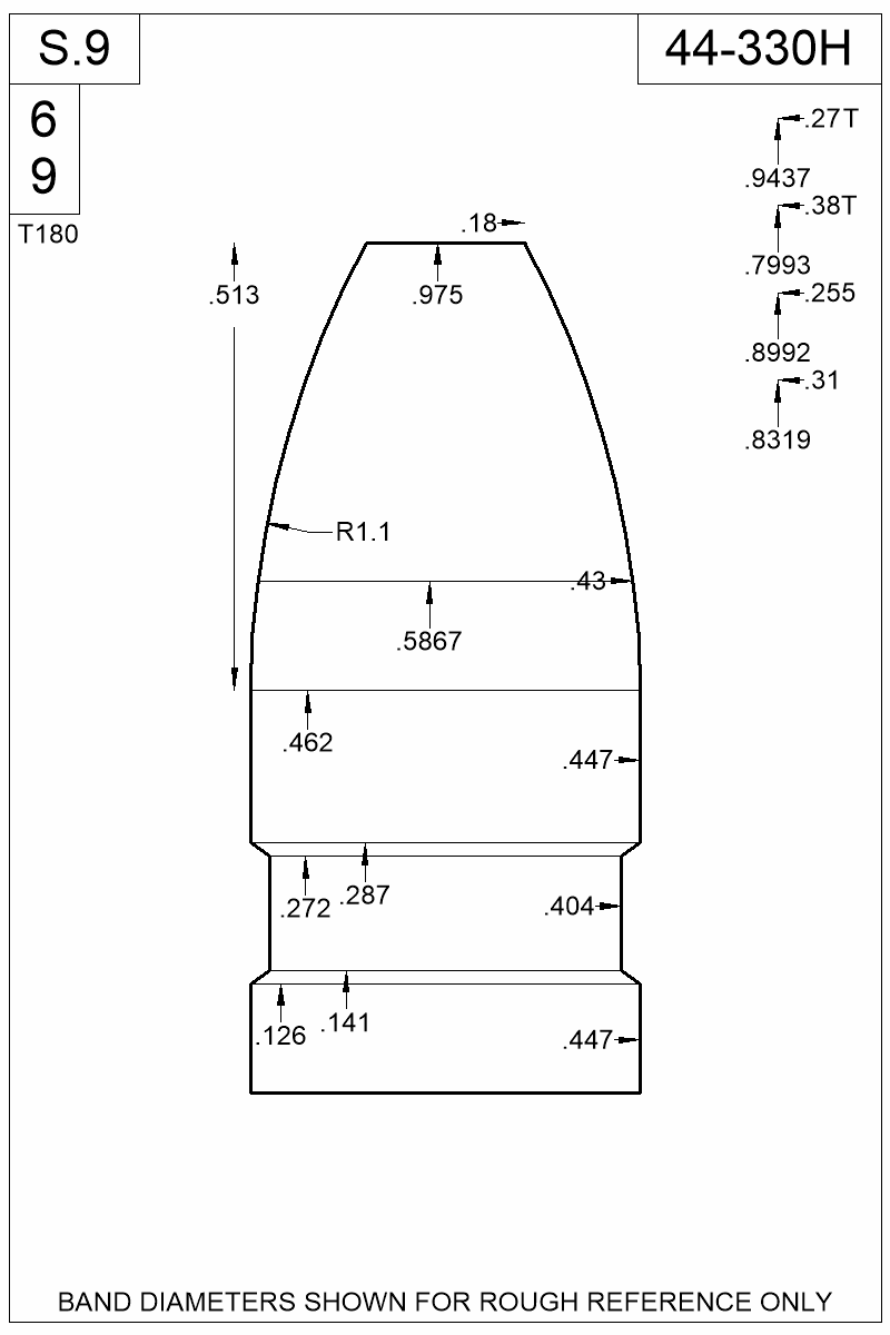 Dimensioned view of bullet 44-330H