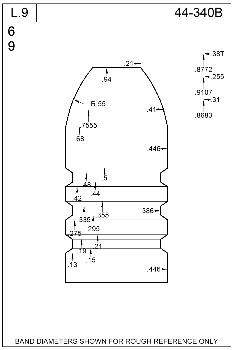 Dimensioned view of bullet 44-340B