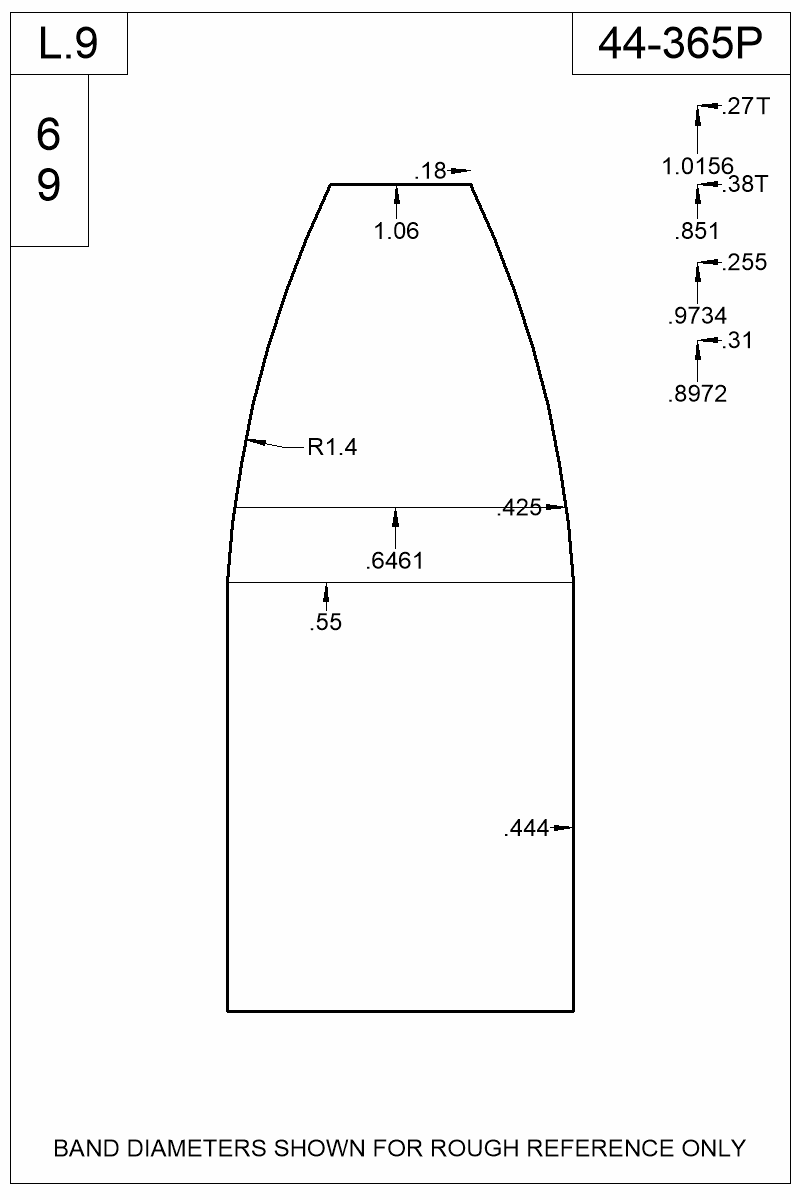 Dimensioned view of bullet 44-365P