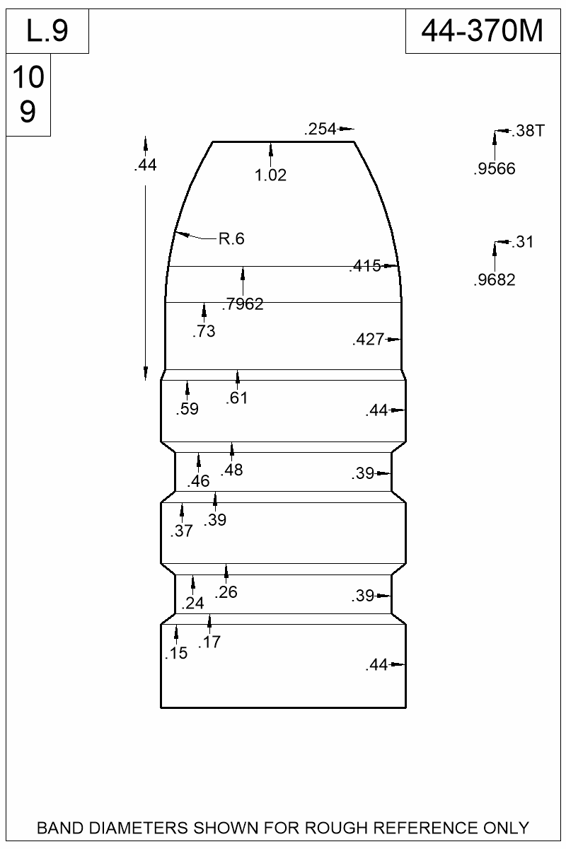 Dimensioned view of bullet 44-370M