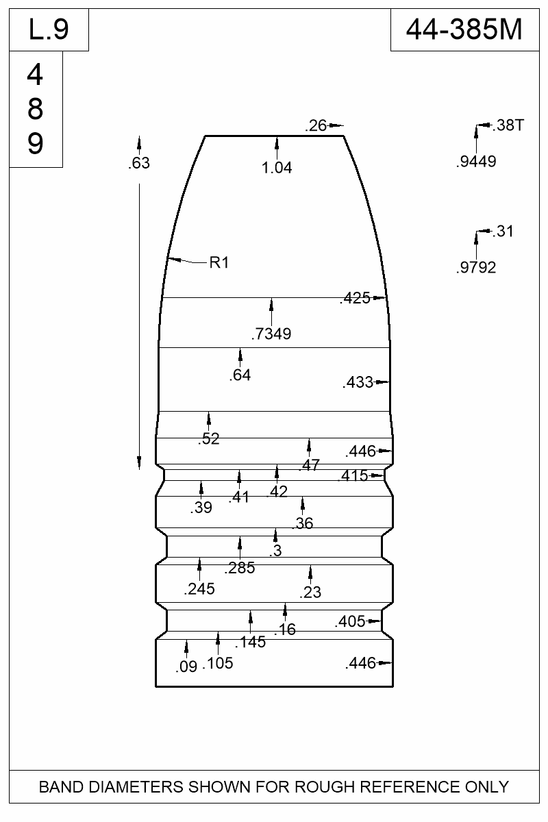 Dimensioned view of bullet 44-385M