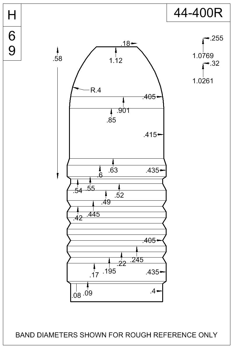 Dimensioned view of bullet 44-400R