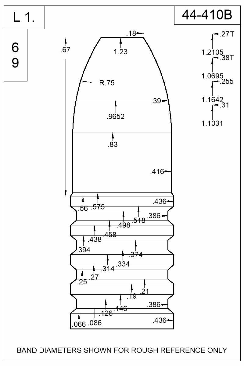 Dimensioned view of bullet 44-410B