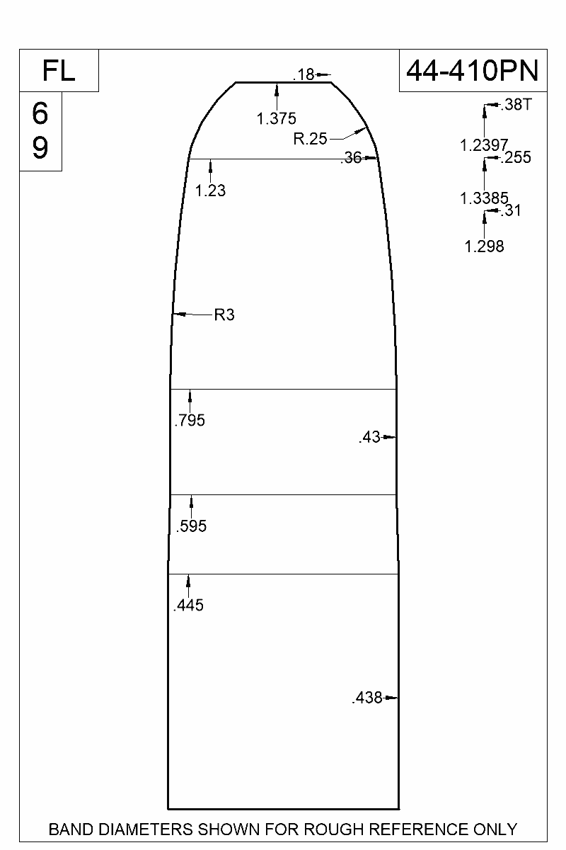 Dimensioned view of bullet 44-410PN
