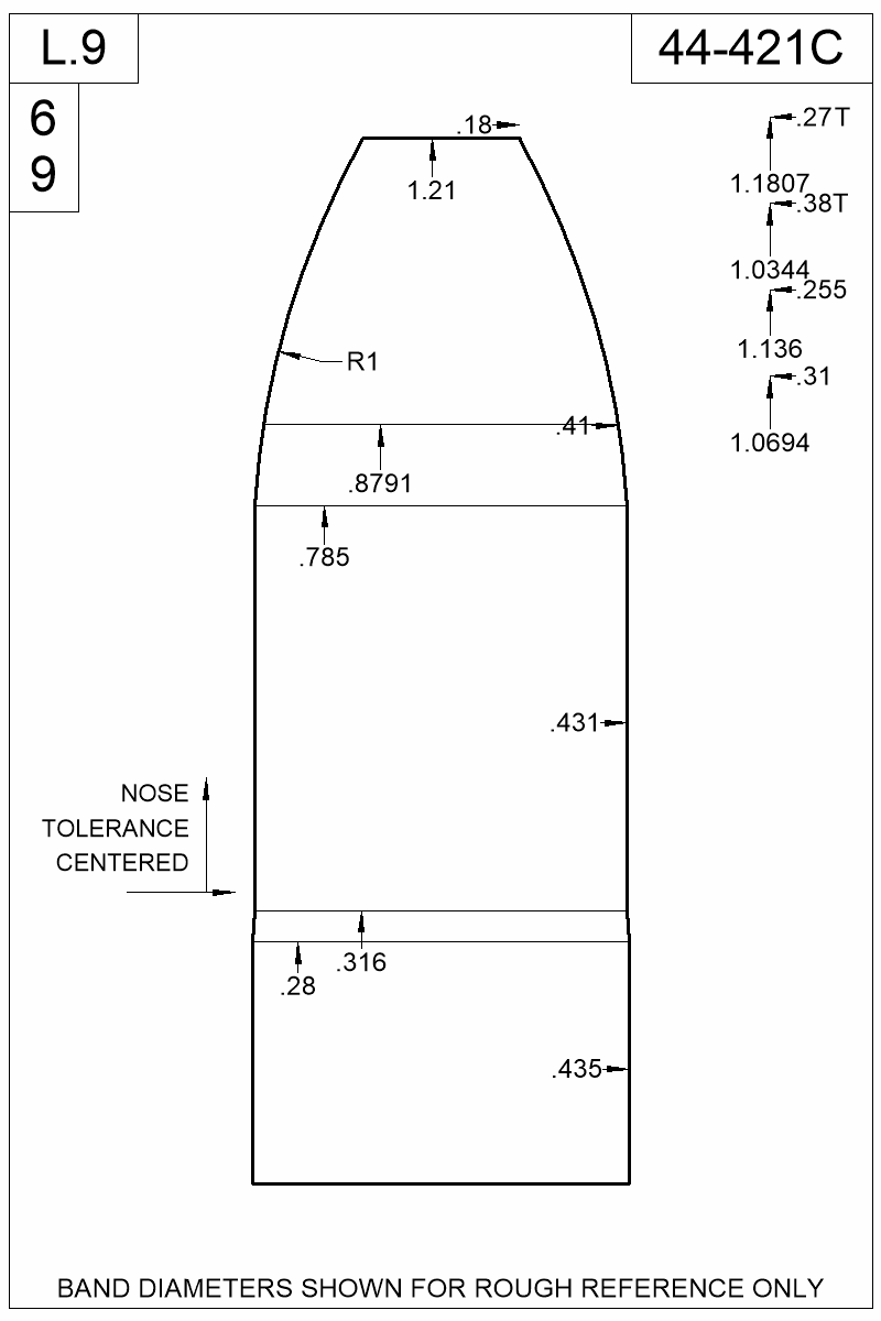 Dimensioned view of bullet 44-421C